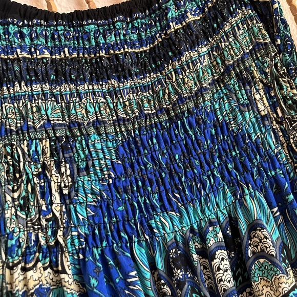 Y2K Teal Blue Paisley Boho Smocked Stretchy Flowy Festival Summer Indie Dress OS - Picture 4 of 5